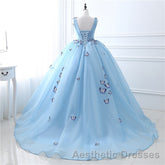 Blue Butterfly Flowers Lace Up Ball Gowns Long Evening Prom Dresses
